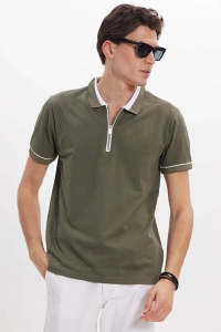 Erkek Slim Fit Dar Kesim %100 Pamuk Düz Pike Fermuarlı Haki Polo Yaka Tişört